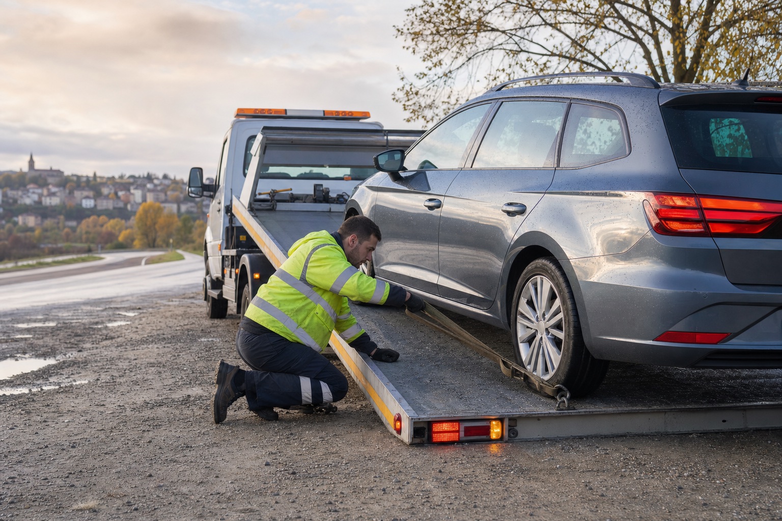 Roadside recovery technician securing a car on a flatbed vehicle.