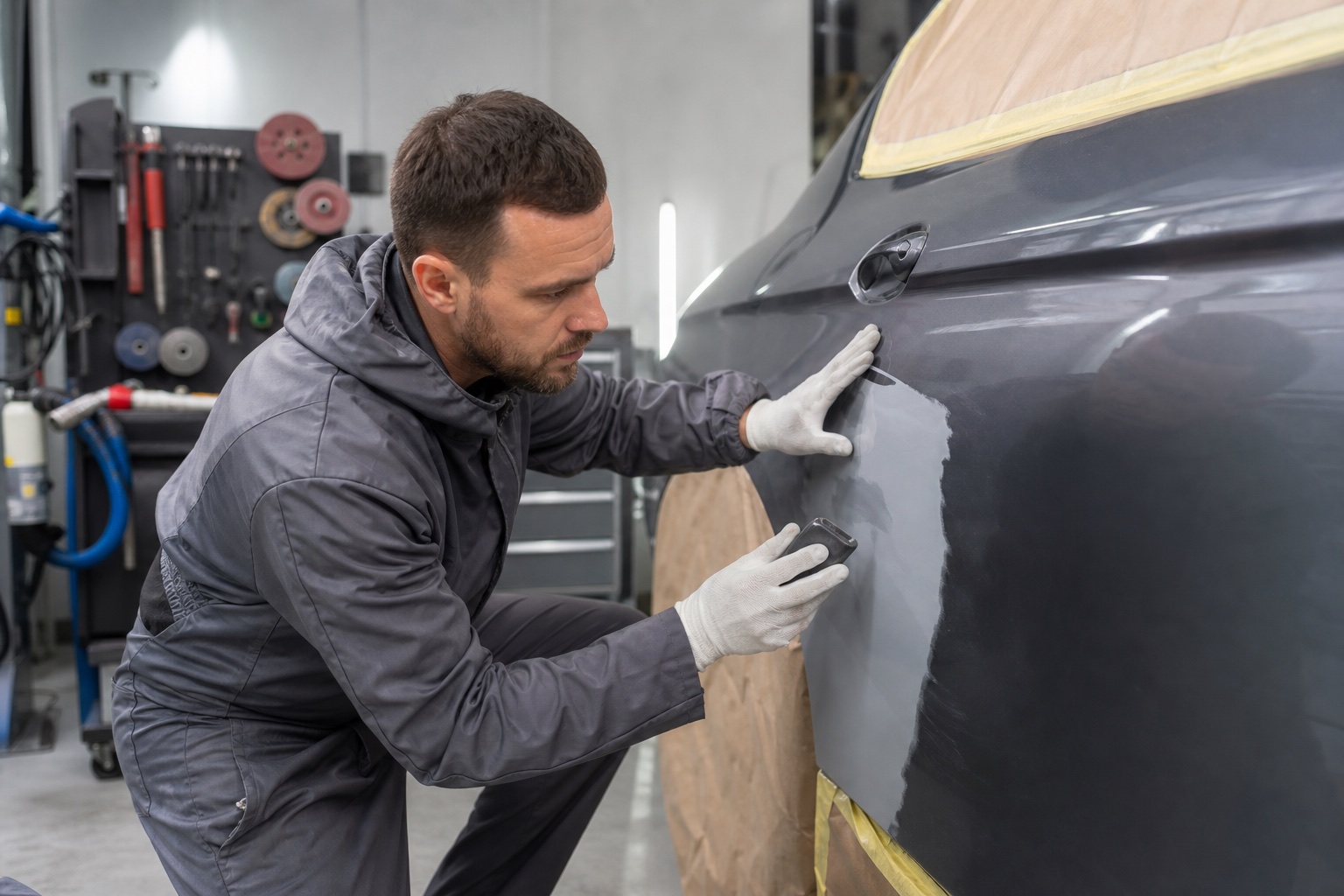 Bodywork specialist preparing a car panel for repair.