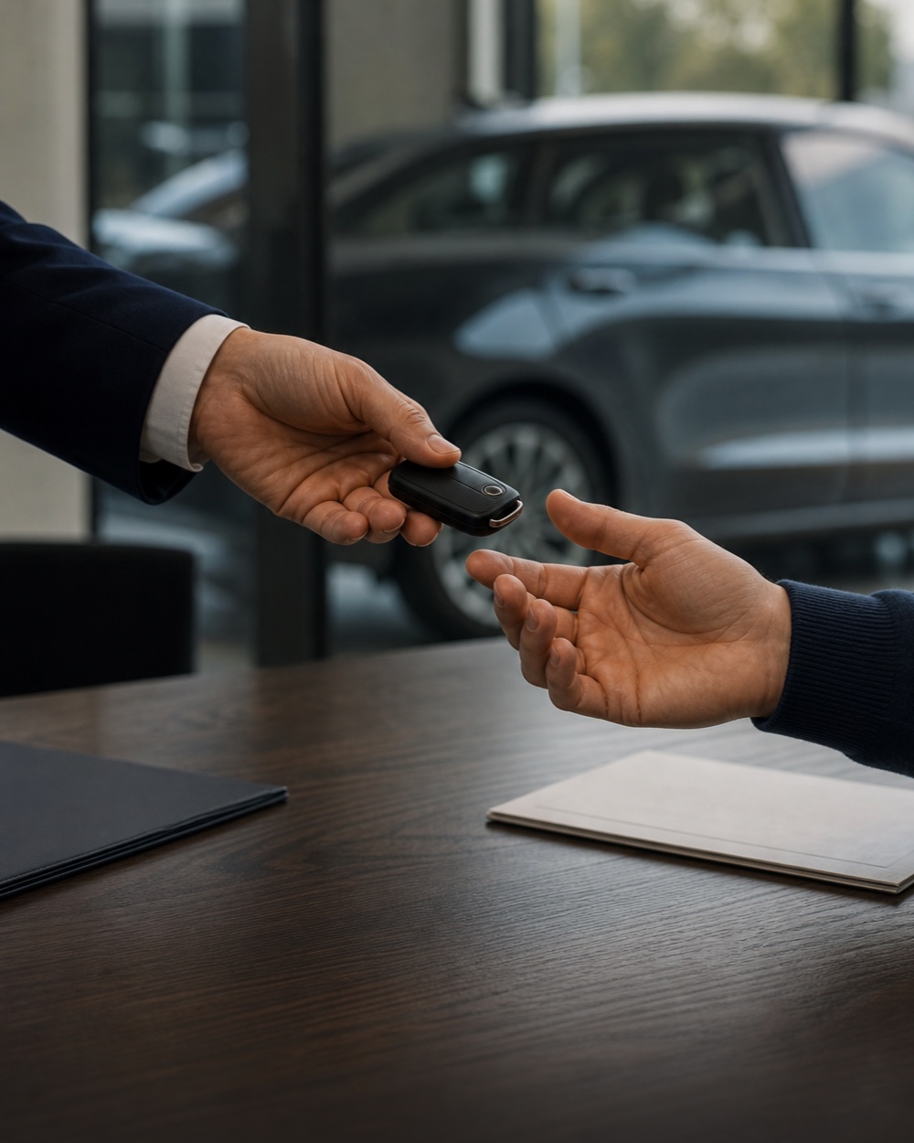 A salesperson hands a customer a car key during a vehicle consultation.