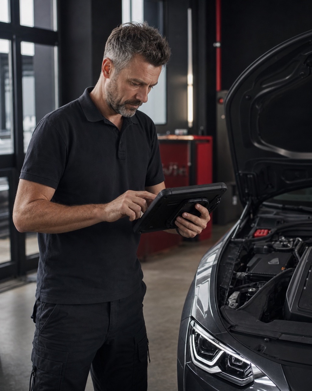 A technician uses a diagnostic tablet beside a vehicle in the workshop.