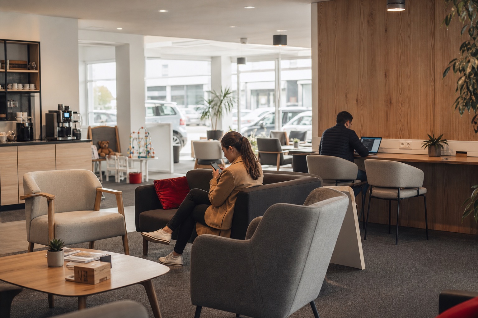 Dealership waiting lounge with seating, coffee, workspaces and a children's corner.