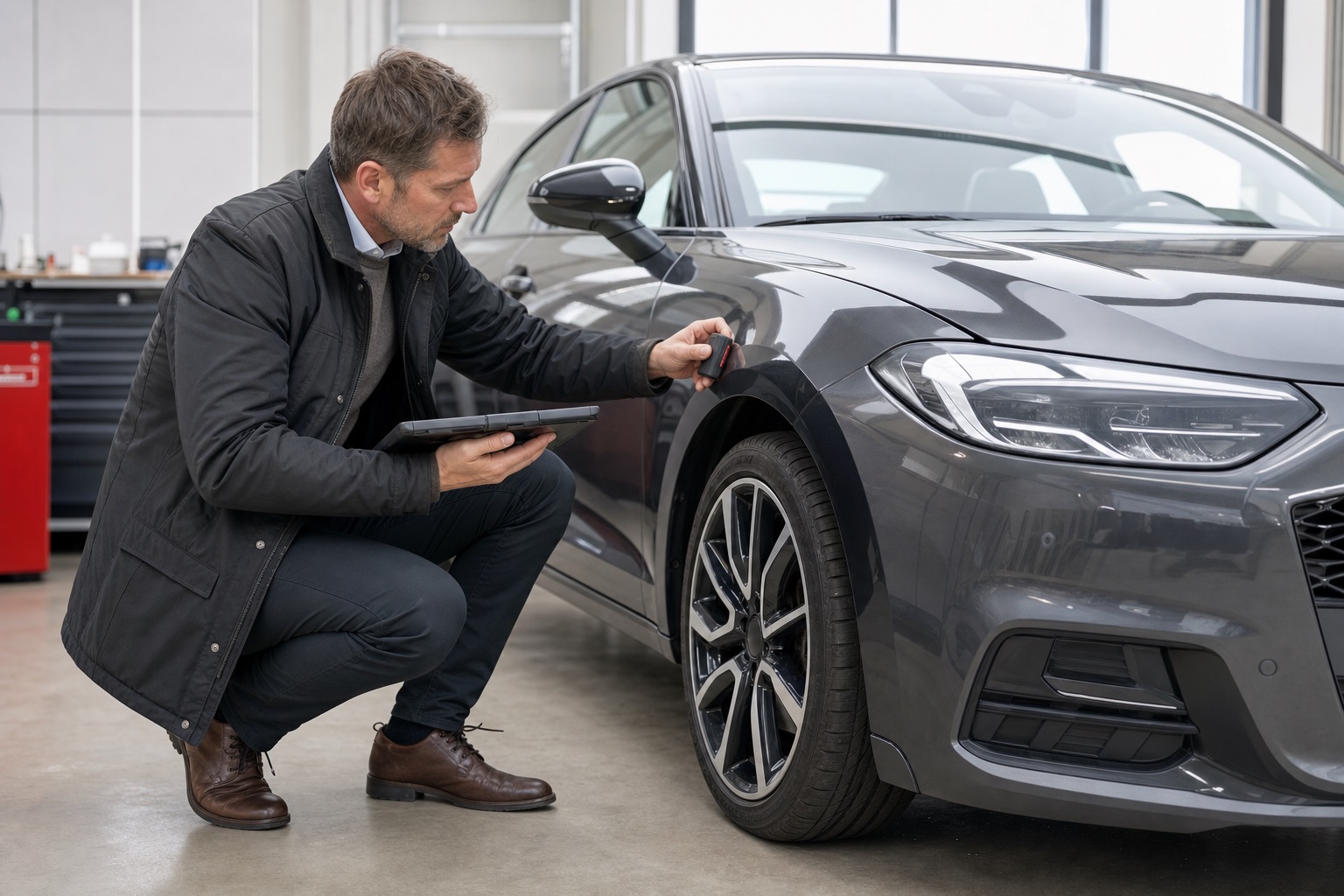 Independent appraiser inspecting a car with a measuring tool and tablet.