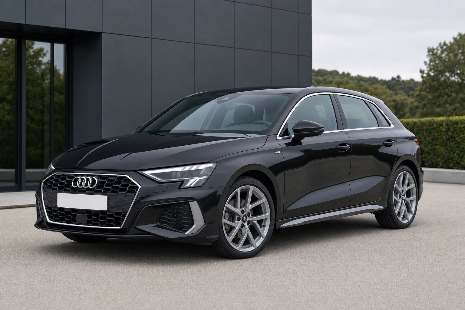 Graphite Audi A3 Sportback outside a contemporary dealership.