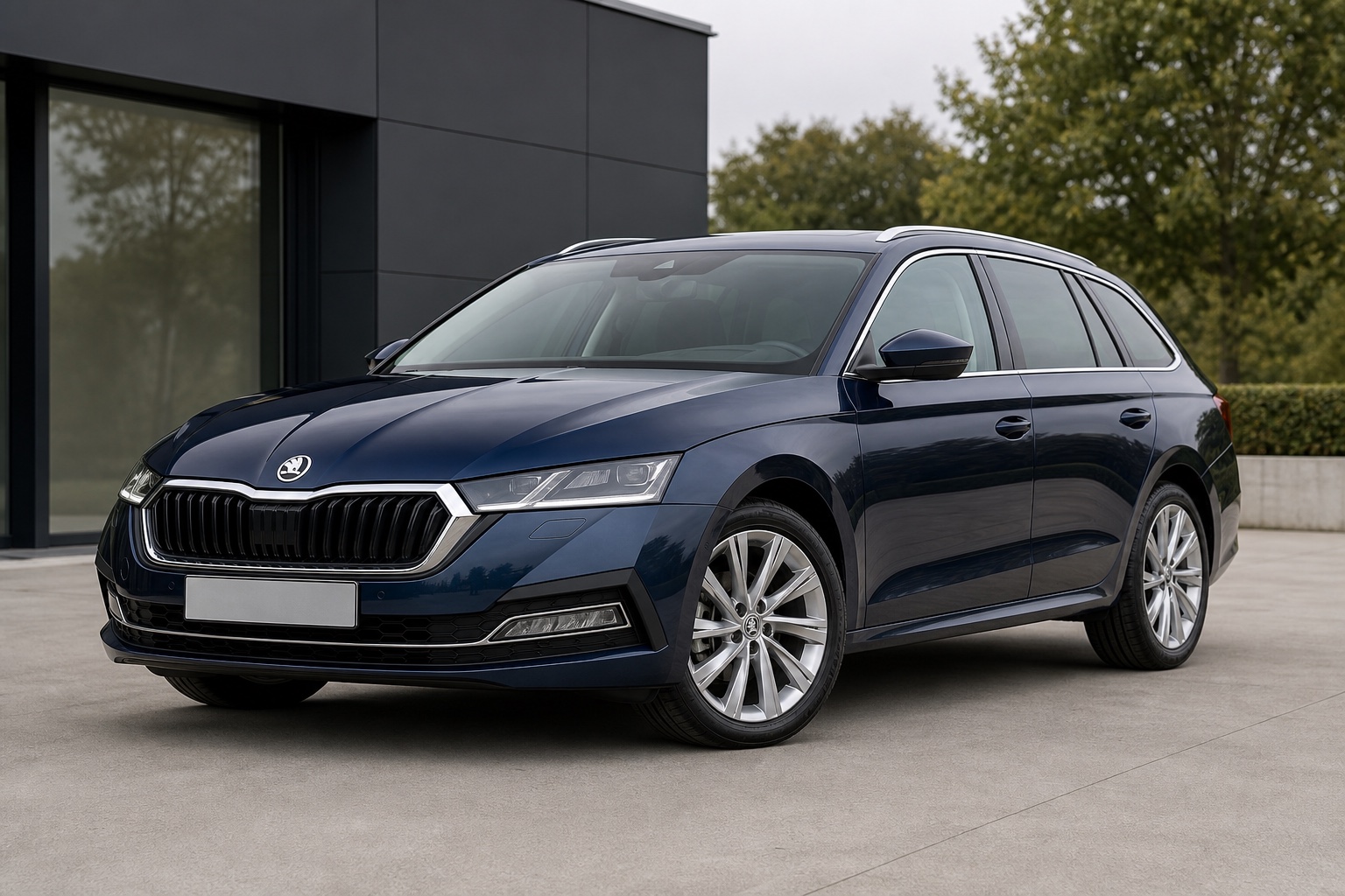 Navy Škoda Octavia Combi outside a contemporary dealership.