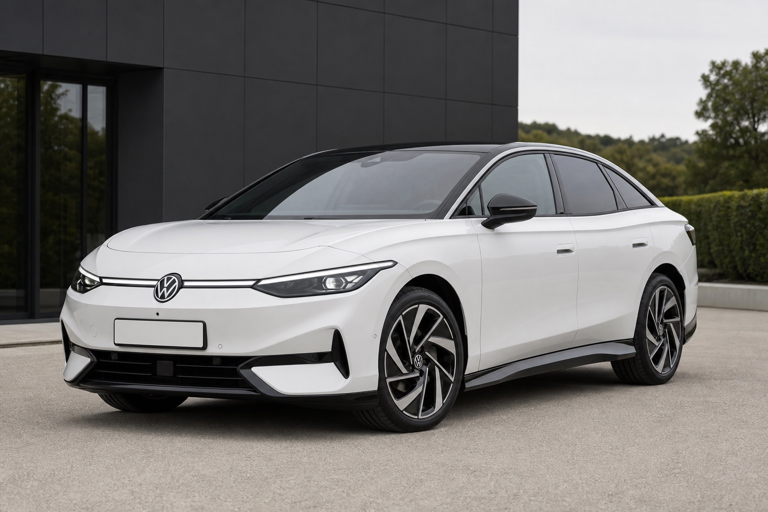 White Volkswagen ID.7 Pro outside a contemporary dealership.