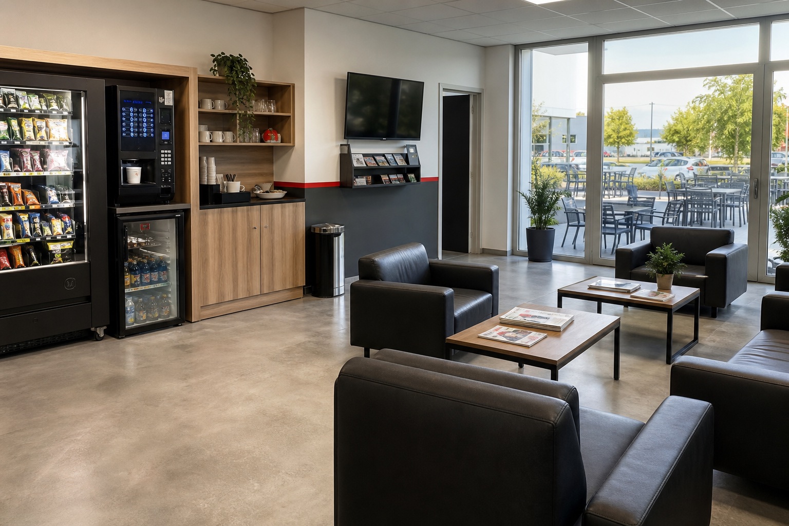 Workshop waiting lounge with seating, snack and drink machines and an outdoor terrace.