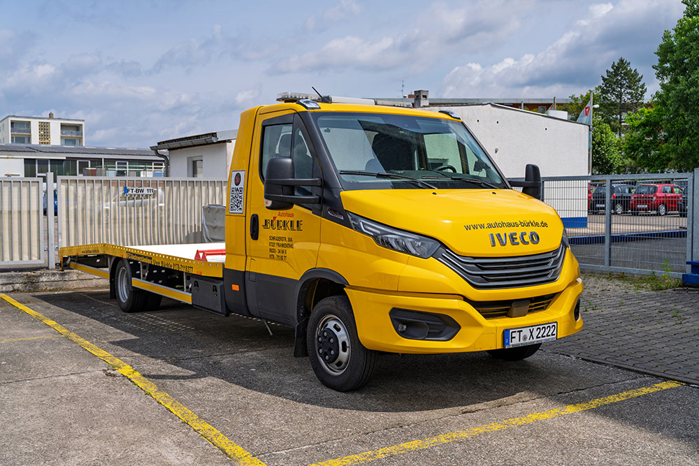 Yellow Autohaus Bürkle recovery truck ready for accident support.